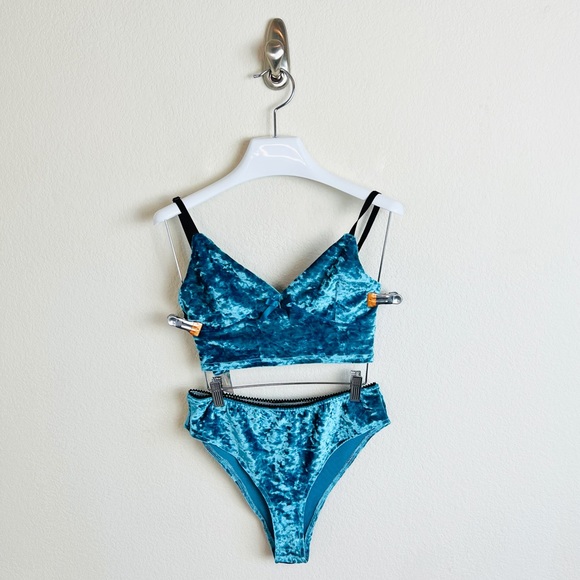 NWT Teal & Black Crushed Velvet Bow Longline Cami & Panty Sleep Lingerie Set - Picture 1 of 9